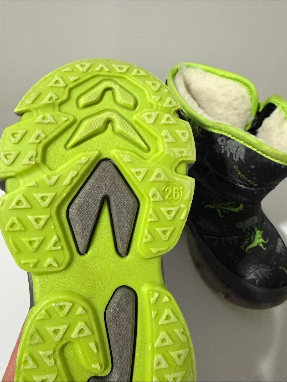 Kids Grey and Neon Green Dino Winter Boots